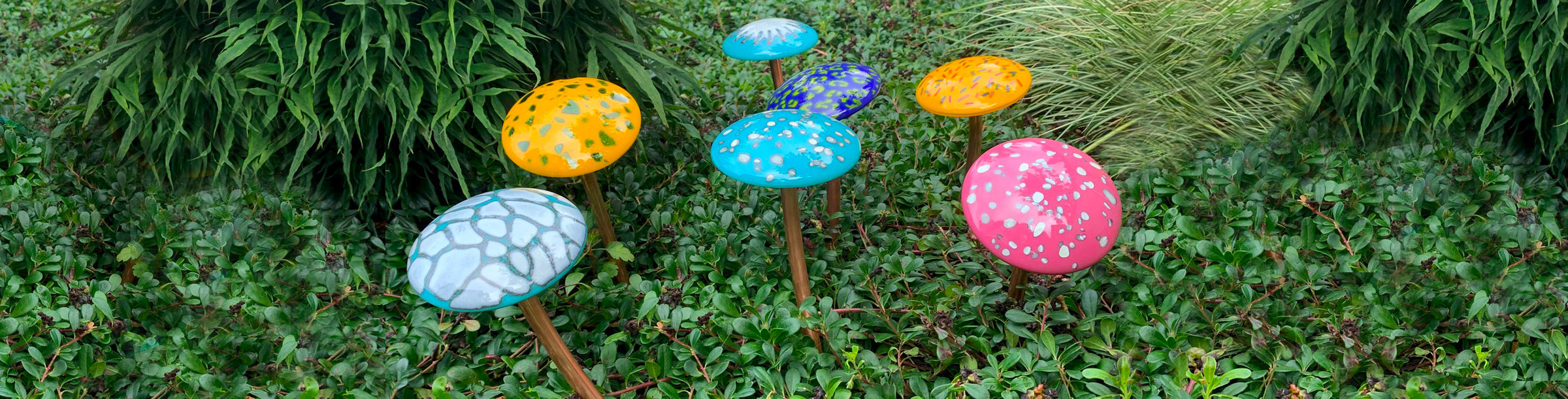 Art Glass Mushrooms in Garden