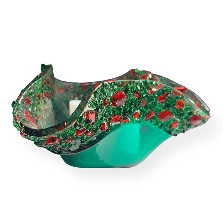 Emerald Green Christmas Votive with red glass flecks along the rim